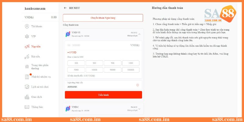 Hướng dẫn nạp tiền SA88 với các phương thức mới nhất 2025 2 Nạp tiền qua chuyển khoản ngân hàng và quét QR thuận tiện